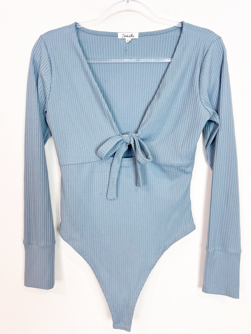 SHADES OF ROSE BLUE RIBBED LONG SLEEVE MONROE BODYSUIT TIE FRONT WOMENS MEDIUM